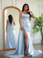 2022 sexy evening dress scoop spaghetti straps floor length side slit mermaid silk satin evening dresses prom evening gowns