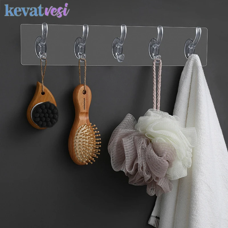 

3/5/6 Row Transparent Wall Hooks Kitchen Bathroom Punch-free Hook Towel Rack Adhesive Door Wall Hook key Clothes Storage Hanger