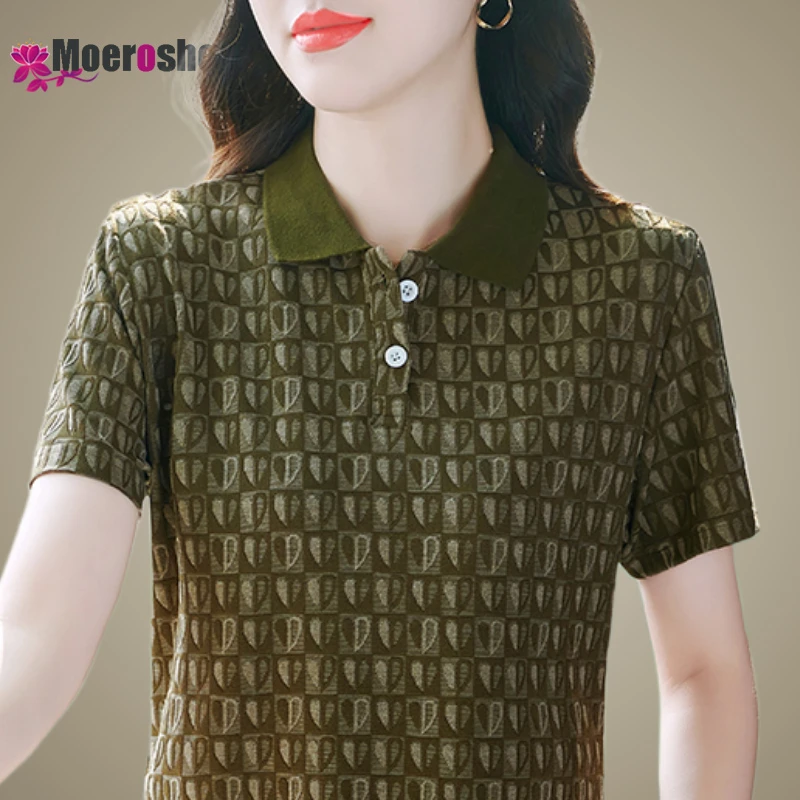 

Short Sleeve T-shirt Female Summer Lapel Loose Middle-aged Mother Shirt Cotton Middle-aged Elderly Women Clothes Top Polo Shirt
