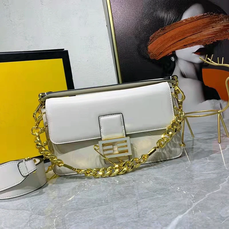 

Luxury Brand Cowhide Baguette Famous Designer Flip Pin Metal Heavy Industry Chain Handbag 2022 Spring Summer Catwalk New Trend