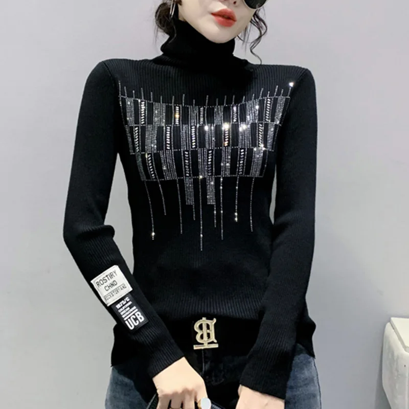 

Winter New Korean Version High-Neck Long-Sleeved All-Match Diamond-Studded Women'S Top Slim Solid Color Bottoming Sweater