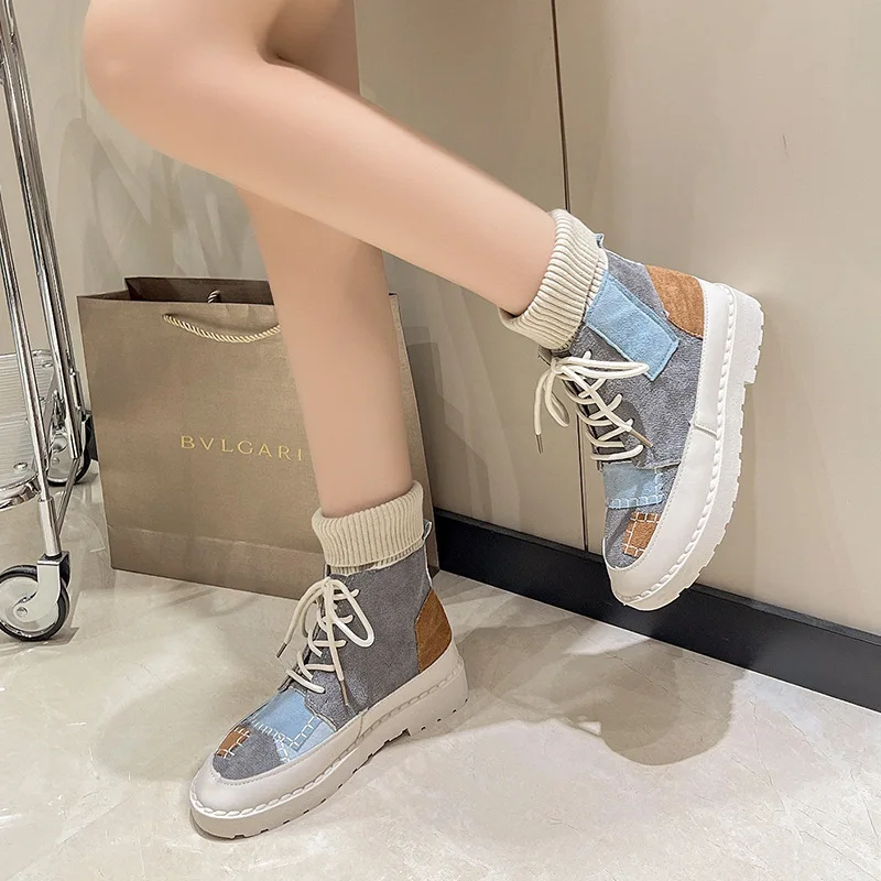 Trend Spring Women Canvas Boots Color Contrast Winter Plush Cotton Boots Elastic Cloth Socks Shoes Retro Casual High top Shoes
