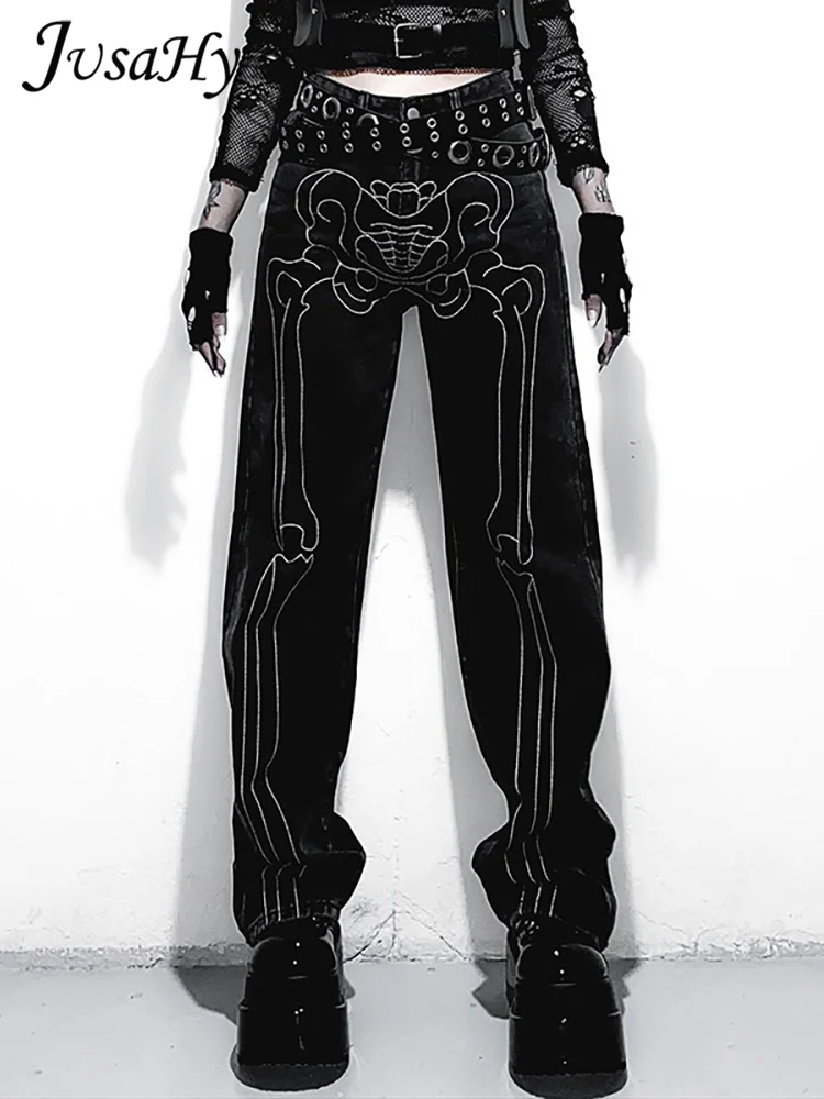 

Женские осенние прямые брюки JusaHy, новинка 2022 года, Y2K, готические, с ручной росписью, белые, с рисунком в виде костей, из джинсовой ткани, цвет ...