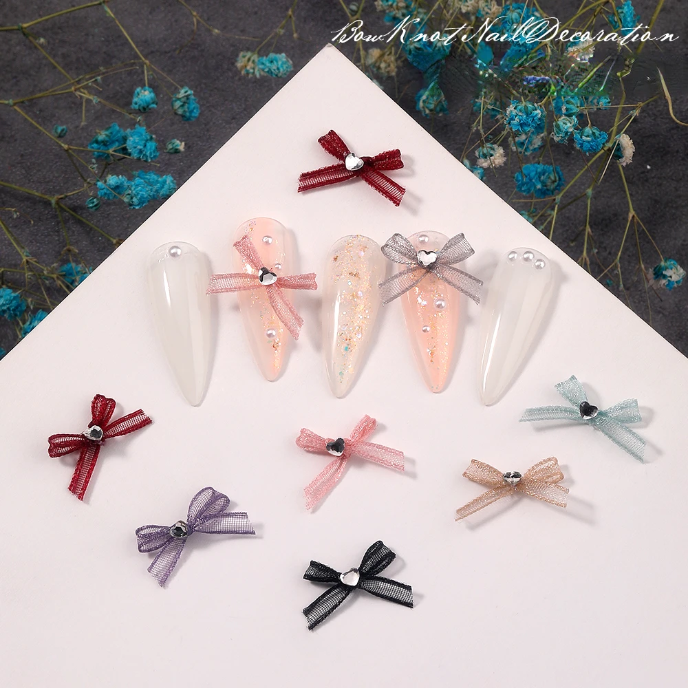 

10pcs Japanese Style Black Red Lace Bow Nail Decoration Heart Glass Rhinestone Nail Charms DIY Nail Art Accessories