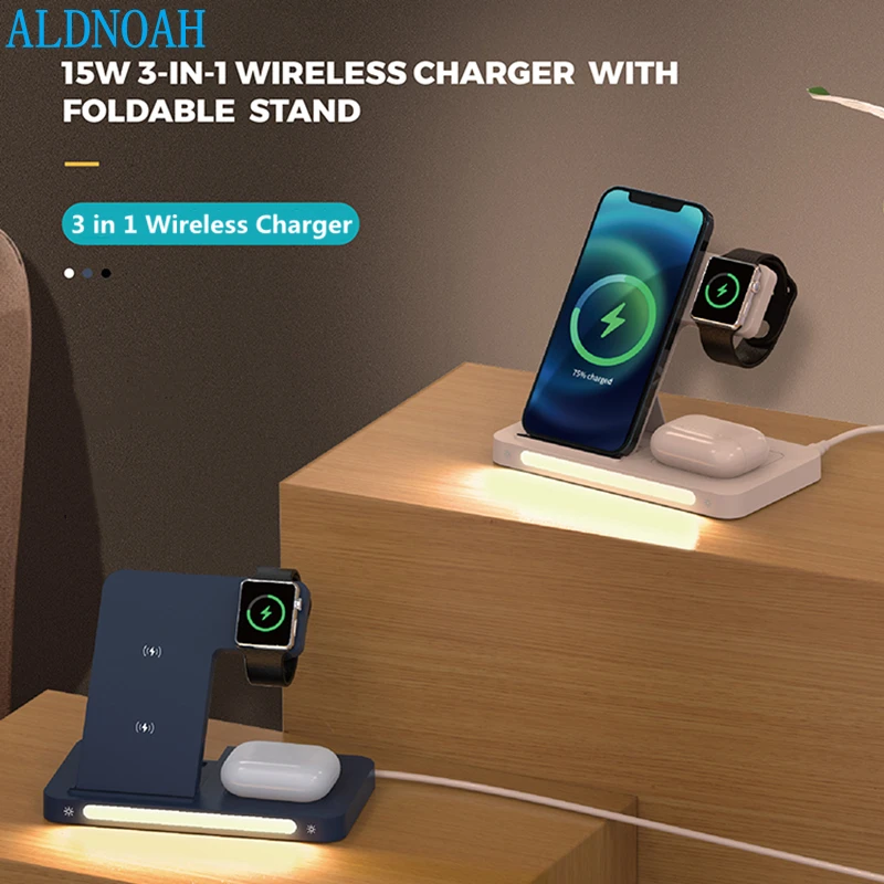 

New 15W Wireless 4 in 1 Fast Charger For iPhone 13 12 11X 8 Apple Watch 7 6 5 Foldable Charging Dock Station for Airpods Pro
