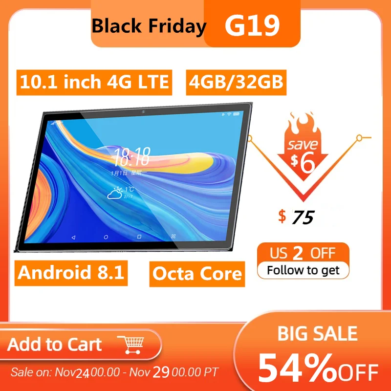 

10.1 INCH 4G LTE Phone Call 4GB+32GB G19 Android 8.1 MTK6750 Tablet PC Octa Core 5000mAh Bluetooth-Compatible WIFI