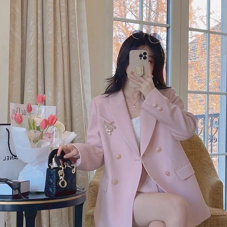 

Women 2022 Spring Autumn New Solid Color Pockets Coats Female Double Breasted Blazer Jackets Ladies Long Sleeve Outerwear M44