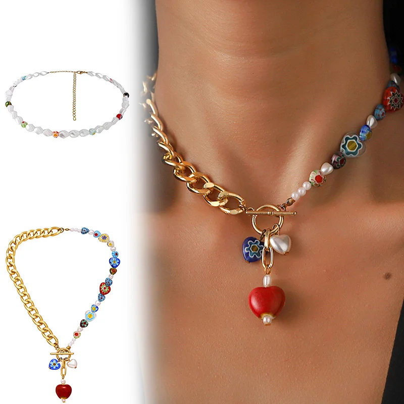 

Женское свадебное ожерелье в форме сердца, богемная цепочка на ключицу, кристальная Модная бижутерия с искусственным жемчугом и цветами, би...