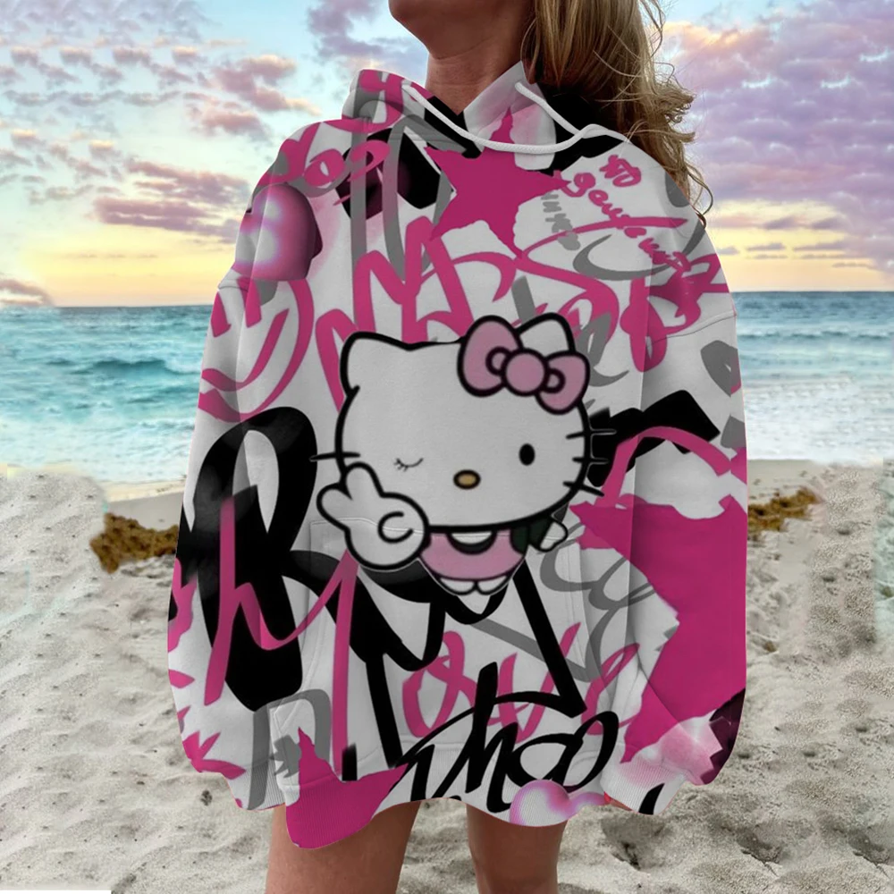 Hello Kitty Kuromi Женская модная осенняя одежда Уличная толстовка с капюшоном Y2K Топ