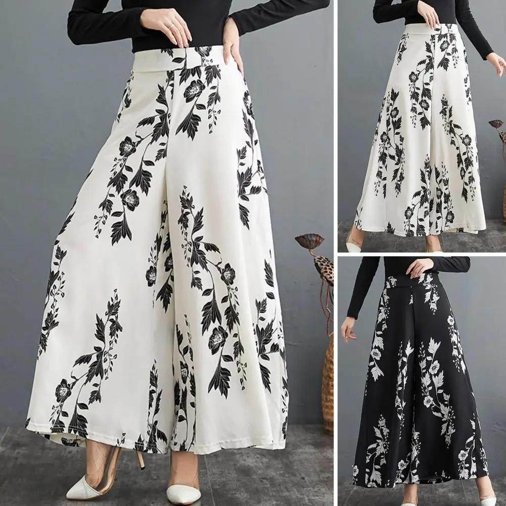 

Women Wide Leg Pants Culottes Floral Print Contrast Color Deep Crotch Loose High Waist Elegant Female Ice Silk Straight Trousers