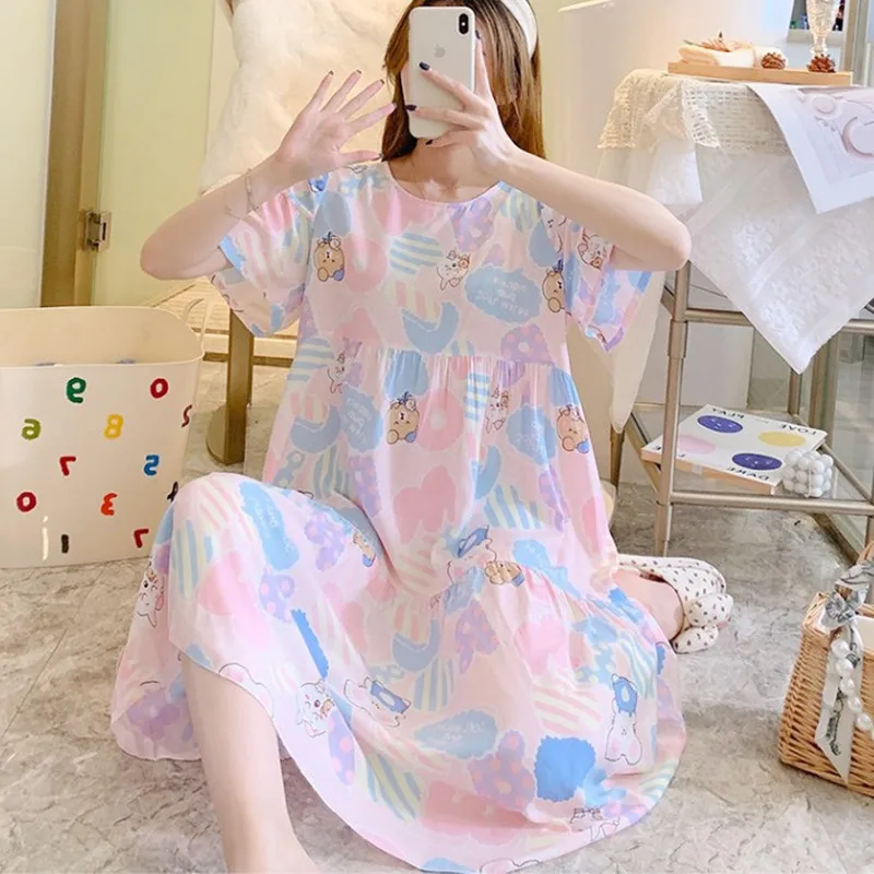 Summer Style Sleep Dresses For Women Student Sweet Nightdress Cotton Silk Ladies Pajamas Nightgown