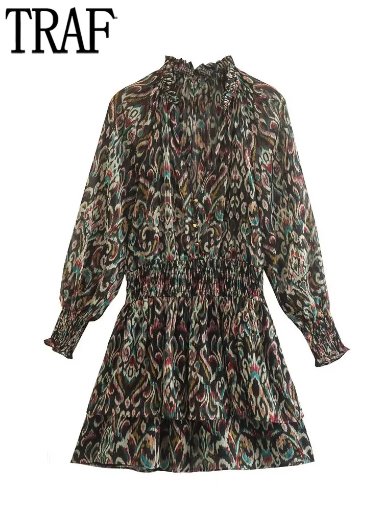 

TRAF Print Pleated Dress Woman Ruffle Short Dress Women Autumn Ruched Dresses for Women 2022 Long Sleeve Party Dresses Ladies