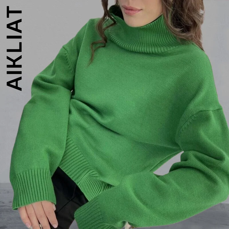 

Aikliat Turtleneck Knitted Fashion Women Sweater Cheap Girl Top Women Leisure Elegant Sweaters Ladies Soft Vintage Female Woman