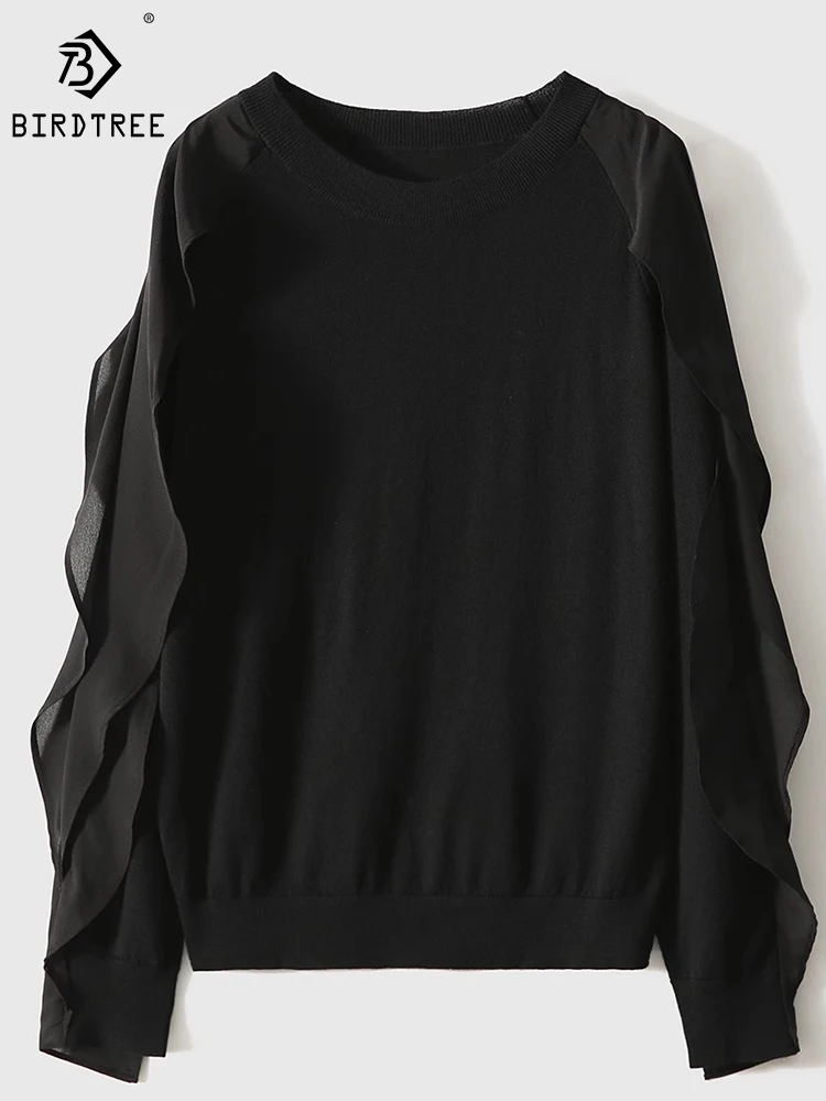 

Birdtre, 100% шерстяной пуловер, свитер, Классическая мода, с открытыми плечами, с круглым вырезом, темпераментная, Высококачественная трикотажная Женская одежда, T30320QD