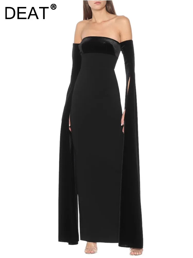 

Женское вечернее платье с вырезом-лодочкой DEAT, элегантное бархатное платье в стиле пэчворк с разрезом и высокой талией, осень 2023, 13DB3703