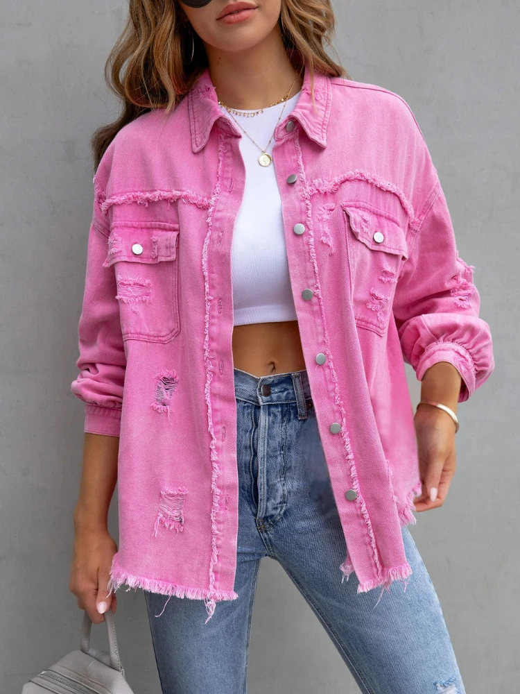 

2023 New Denim Jacket with Rough Edges and Holes for Women Spring and Autumn Temperament Casual Lapel Jacket Denim Jacket Women