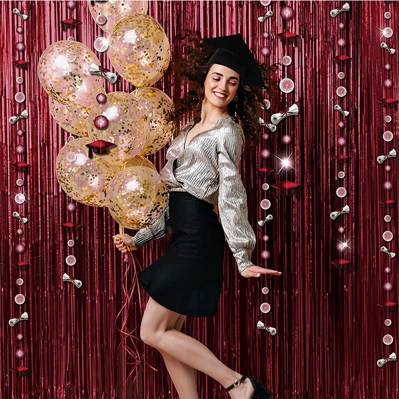 

2 Sets 1X2 Meters Shiny Burgundy Tinsel Foil Fringe Curtains with 6 String Graduation Cup Firework Garland Graduations Backdrops