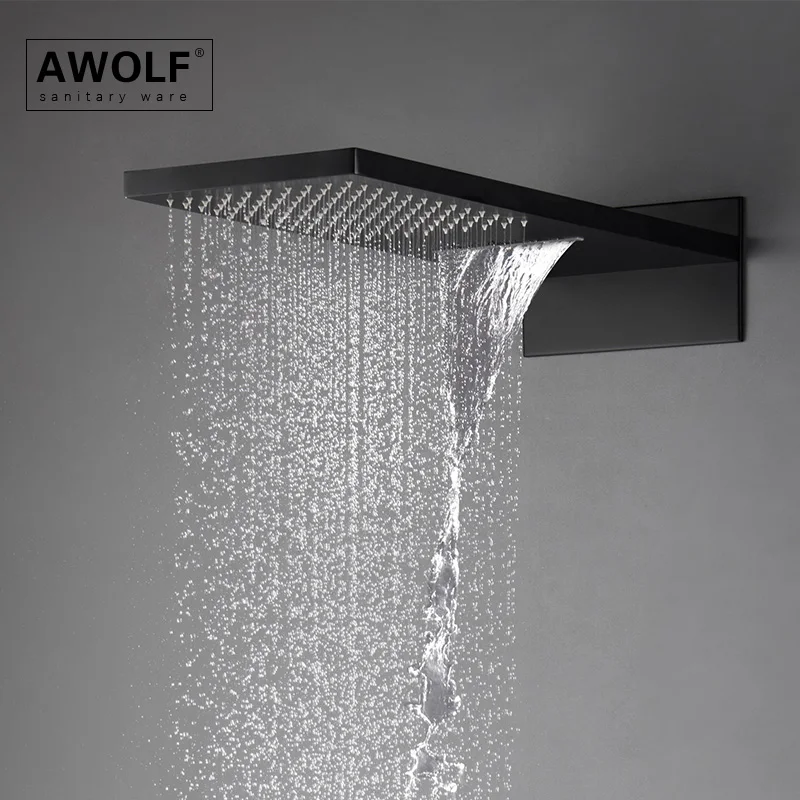 Фото Термостатическая Душевая система Awolf AH3063, черная, белая, твердая, латунь, настенное крепление, встраиваемый хромированный, для ванной комнат... №2