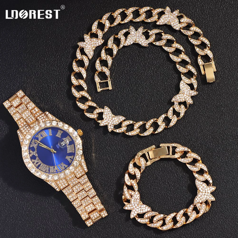

3Pcs Necklace +Watch+Bracelet Hip Hop Butterfly Miami Cuban Link Chain Necklaces For Men Women Shiny Rhinestones Rapper Jewelry