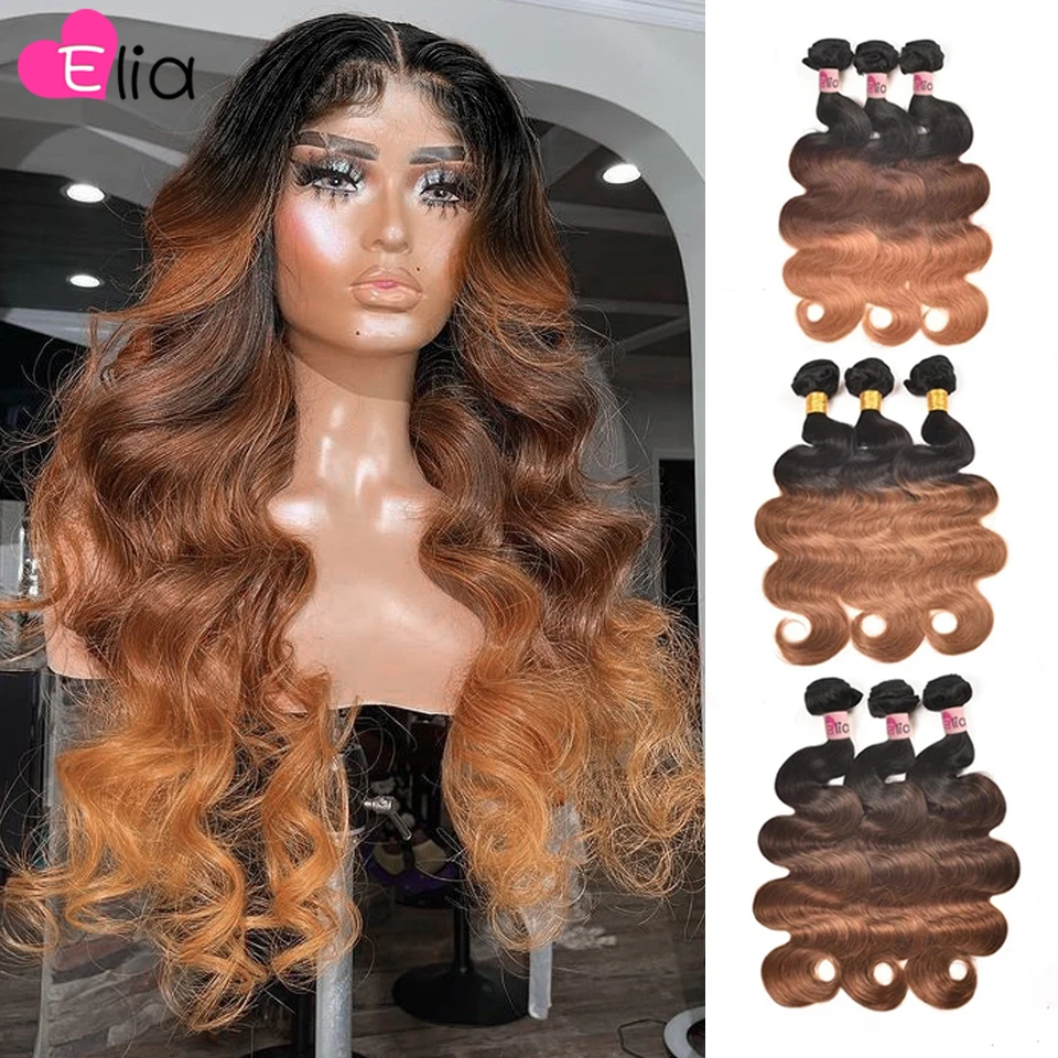 Elia-extensiones de cabello peruano Remy para mujer, mechones de color ombré 1B 4, 30, 1/3/4 unids/lote, 3 tonos