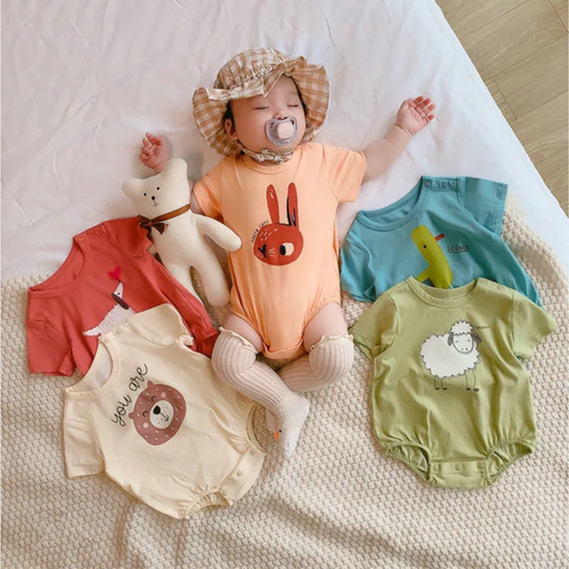 

2022 Summer New Baby Short Sleeve Bodysuit Cute Bear Print Baby Boy Jumpsuit Cartoon Animal Newborn Infant Girl Clothes 0-24M