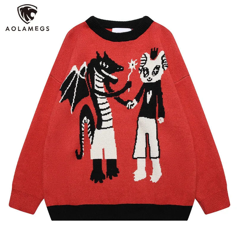 

Gothic Style Men's Cartoon Comics Monster Graffiti Jacquard Sweater Hit Color Round Neck Rib Sleeve Knit Pullover Oversized Y2K