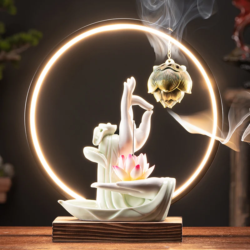 

Luxury Lotus Waterfall Incense Burner Zen Mood Modern Chinese Incense Wax Candle Holder Humidifier Encensoir Home Decorating