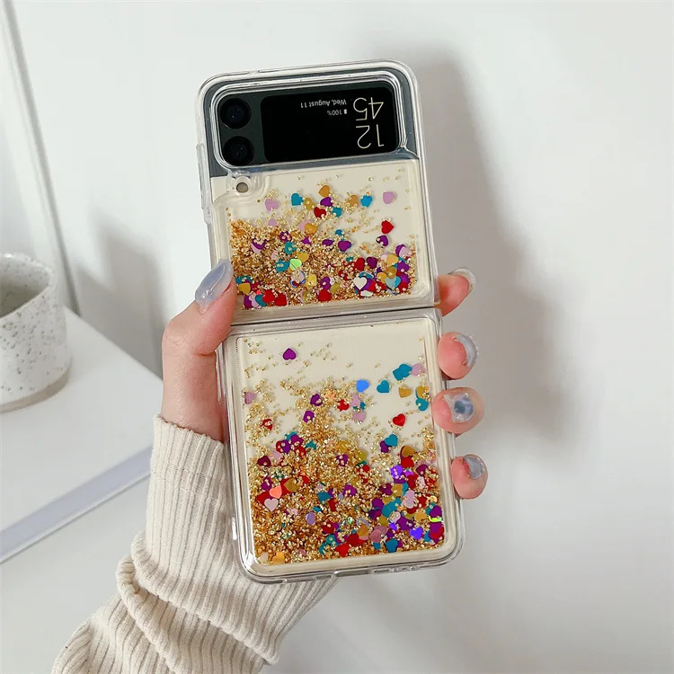 

Love Heart Bling Glitter Quicksand Phone Case For Samsung Galaxy Z Flip 4 3 Flip4 Flip3 5G Shockproof Transparent Back Cover