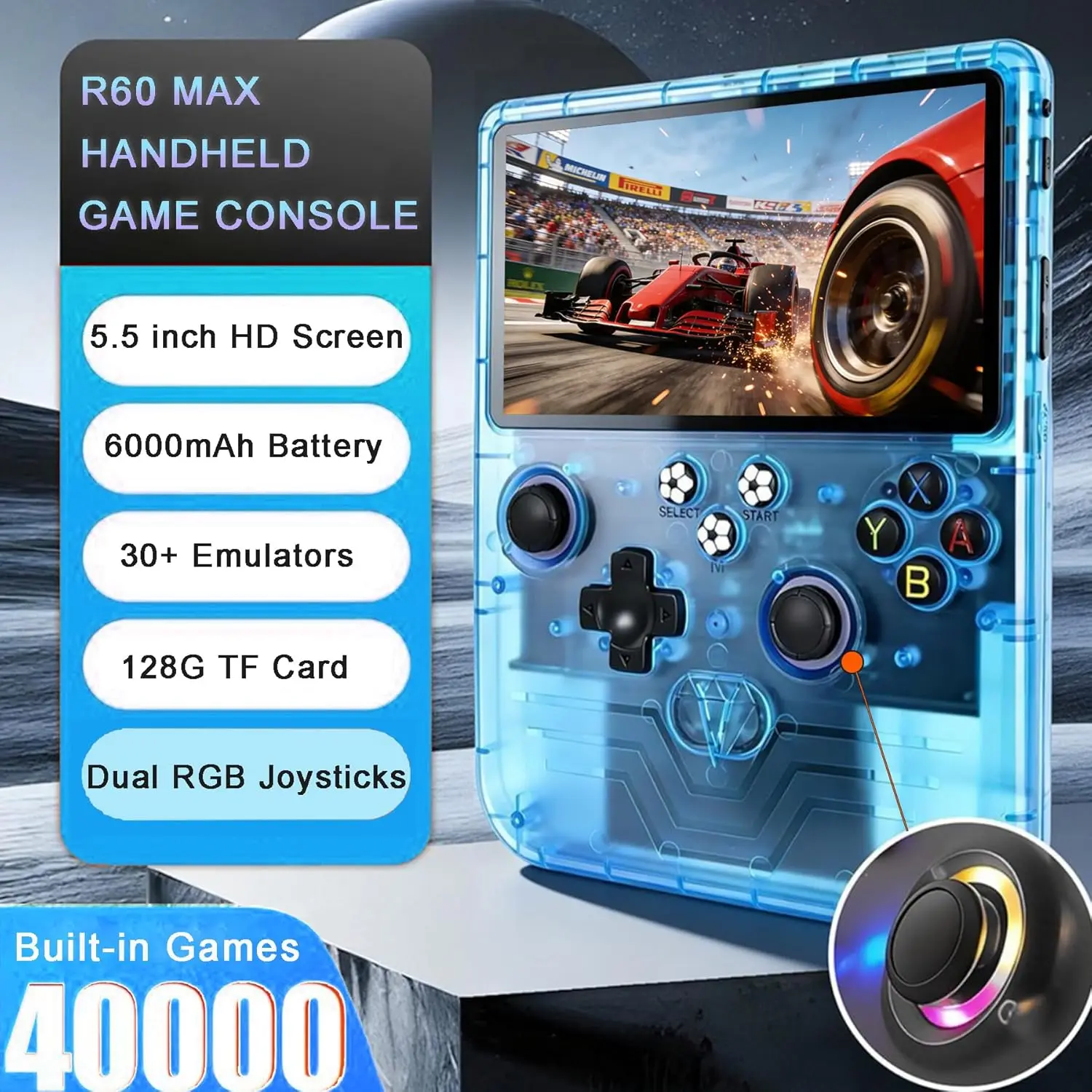 Фото Новая портативная игровая консоль R60 MAX с 5,5-дюймовым IPS-экраном, мини-ретро-консоль, 6000 мАч, портативная карманная аркада, 45+ основных эмуляторов №1