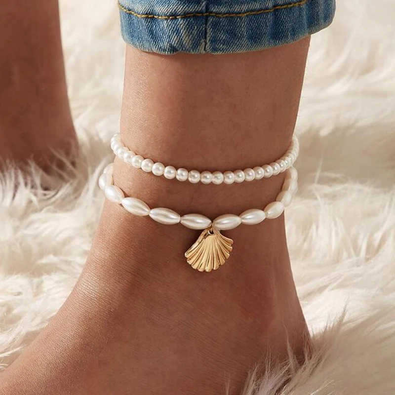 Shell Pendant Ankle Bracelet Faux Pearl Leg Anklets for Women Jewelry  Summer Beach Foot Chain Creative Retro Foot Ornaments