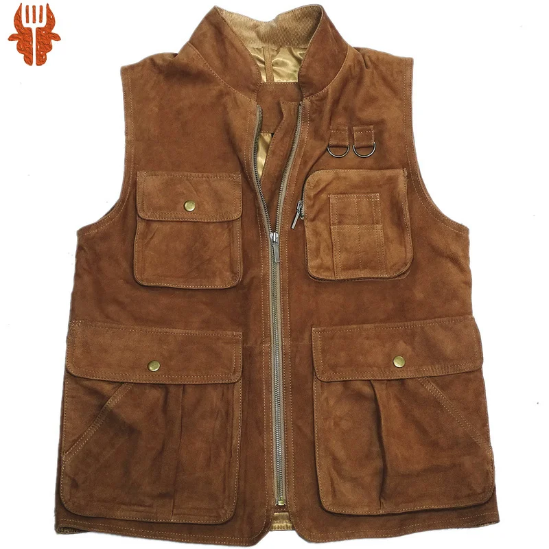 

Мужская замшевая речная жилетка из натуральной козьей кожи с несколькими карманами