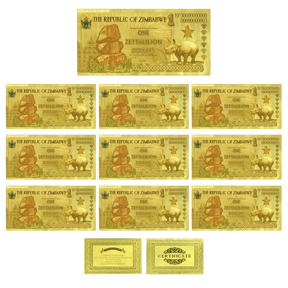 

10pcs/lot Art Ornaments Zimbabwe One Zettalilion Dollars Gold Foil Banknotes Zimbabwe Souvenir Paper Money Business Gifts