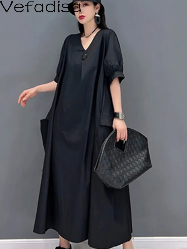

Vefadisa 2023 Summer V-neck Pullover Dress Loose Mid-length Solid Color Cotton And Flax Leisure Black Dress Women's LHX3891