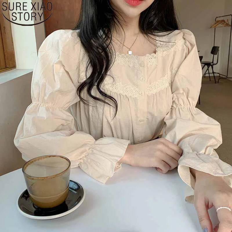 

Sweet Shirt Beige Lace Blouse Vintage Square Collar Women Long Puff Sleeve Shirt Solid Cardigan Blusas Clothes Women Tops 11200