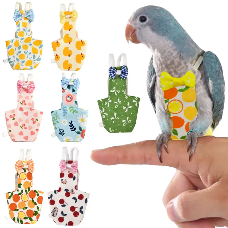 

Pet Parrot Diaper with Bowtie Cute Colorful Fruit Floral Cockatiel Pigeons Small Medium Large Birds Flight Suit Clothes Washable