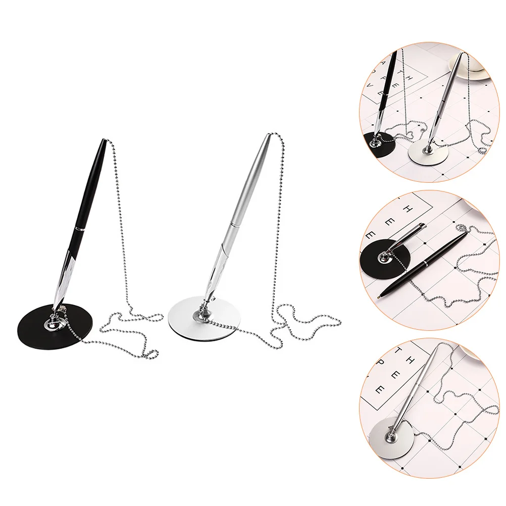 

2 Pcs Signature Pen Chain Table Fixed Black Gel Pens Medium Point Metal Multi-function Writing Office Fountain Holder