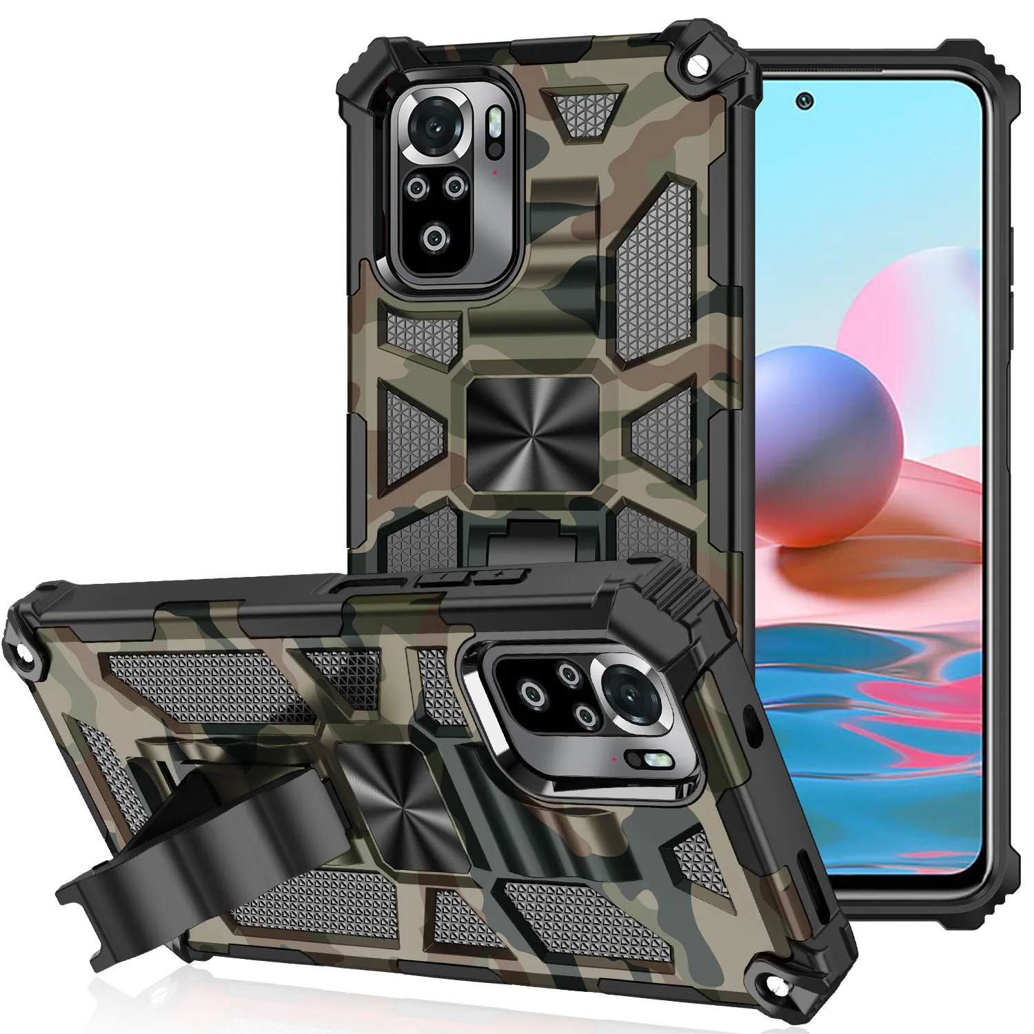 

Bracket Phone Case For Redmi Note10 Camouflage Heavy Duty Luxury Holder Invisible Non-Slip Anti-Fall Back Hard PC Soft TPU Cover