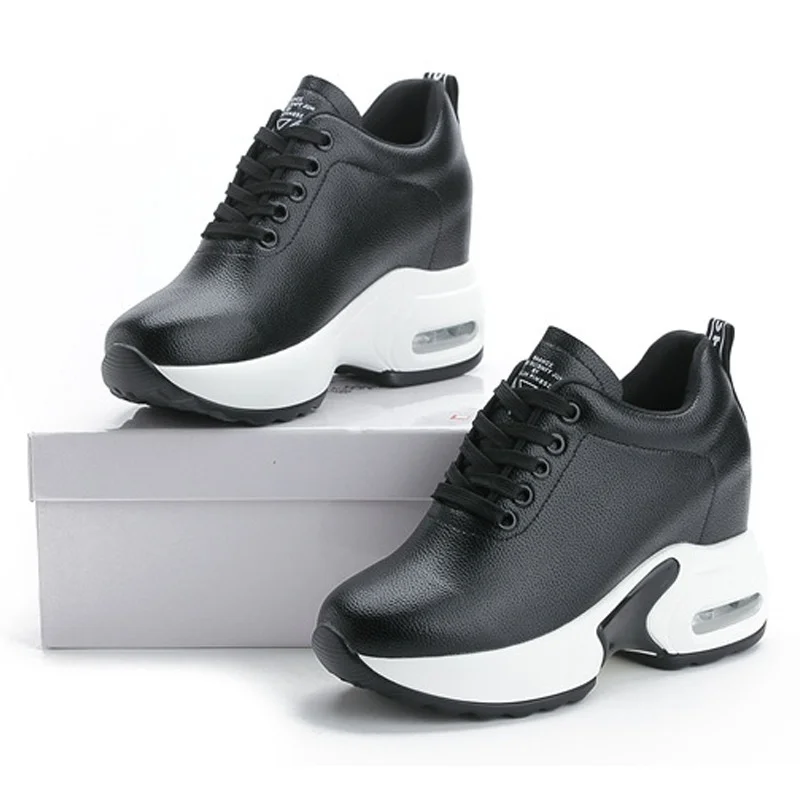 

Invisible High Heels Women Wedge Casual Shoes Leather Lace Up Platform Sneakers Spring Black Flat Vulcanization Sports Shoe