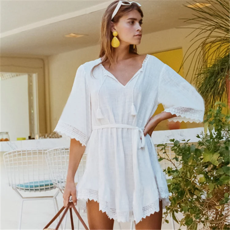 

Beach dress Saida de Praia Cotton Beach Cover up Kaftan Beach Pareos de Playa Mujer Lace Bikini Cover up Swimsuit cover up