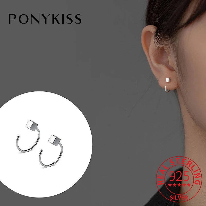 

PONYKISS Real 925 Sterling Silver Square Cube Hook Stud Earrings For Women Hiphop Fine Jewelry Minimalist Geometric Bijoux