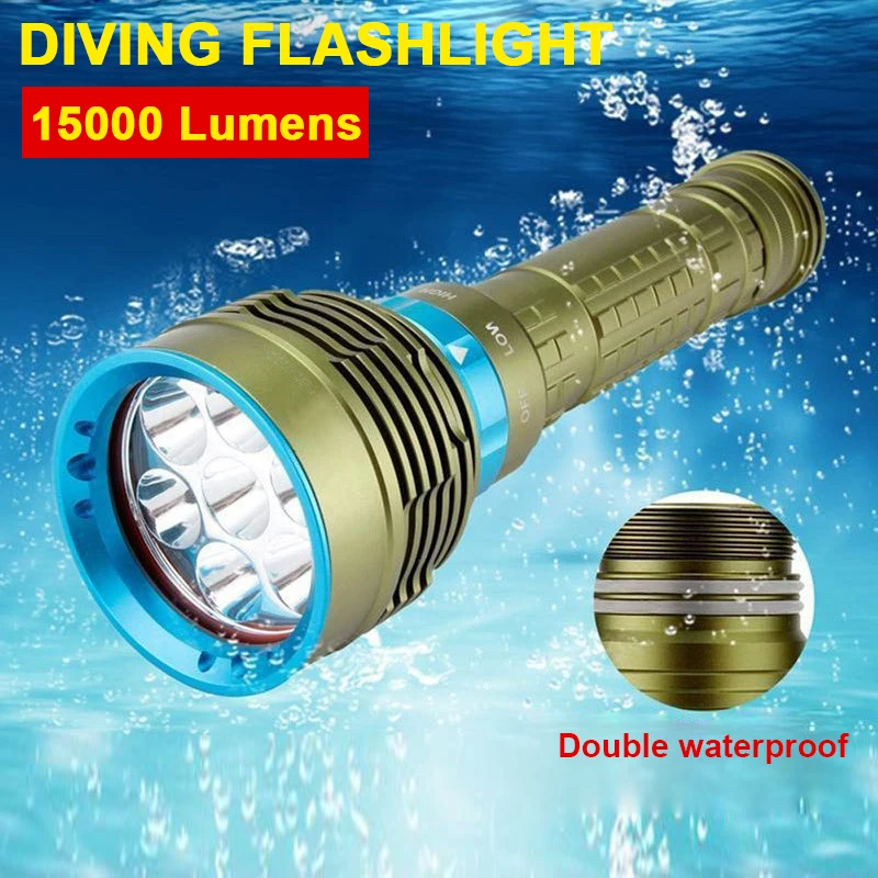 

Водонепроницаемый фонарик для подводного плавания, перезаряжаемый высокомощный светильник онарь для дайвинга, 12000 лм, тактический Подводн...