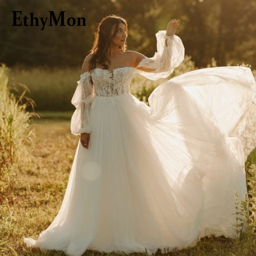 

Этимон вырез лодочкой привлекательные пастельные Свадебные платья с длинным рукавом для невесты тюль с цветочным принтом индивидуальное свадебное платье
