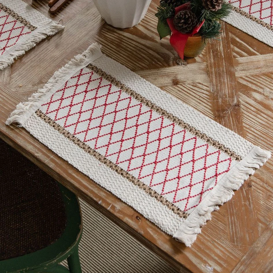 Подложка под пеньковую веревку Геометрическая алмазная красная подложка тканая