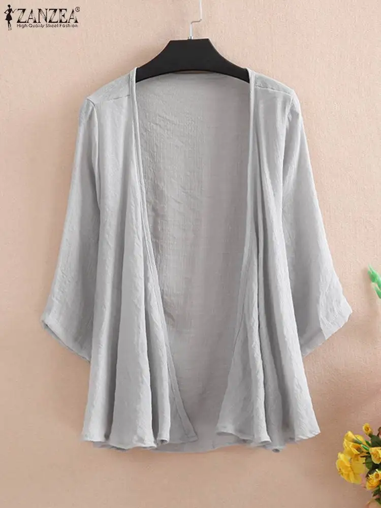 

2023 ZANZEA Elegant Solid Cardigans Women's Summer Blouse Casual 3/4 Sleeve Blusas Femle Thin Tunic Tops Kimono Cape Oversize