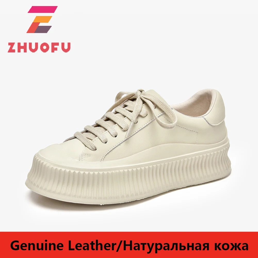 

Женские повседневные кроссовки ZHUOFU, Бежевые кроссовки на плоской подошве и платформе, на шнуровке, новинка 2022