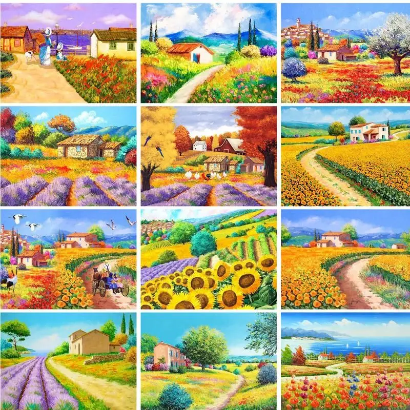 

GATYZTORY Frame Diy Painting By Numbers Sunflowers Village Picture On Number Painting Handpainted On Canvas For Personalized Gif