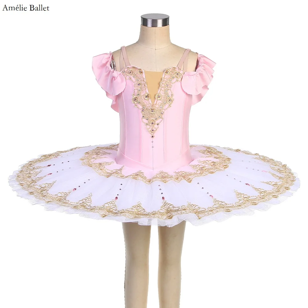 

Профессиональная балетная пачка с открытыми плечами BLL541 из розового спандекса с золотой аппликацией, Женский костюм для выступлений