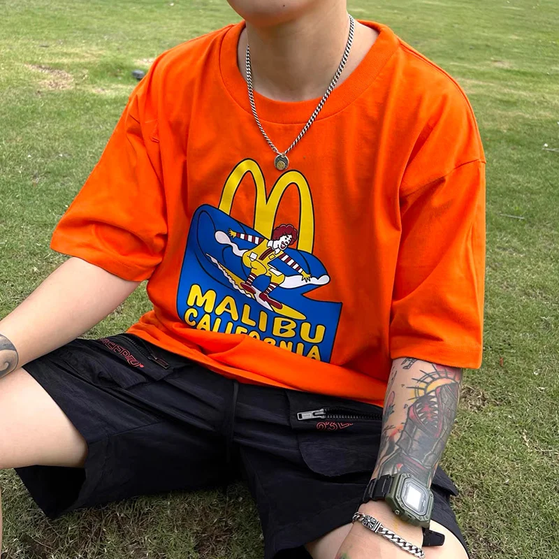 

Американская Винтажная футболка с забавным принтом Малибу Калифорния для серфинга, мужские и женские свободные хлопковые топы, футболки с ...