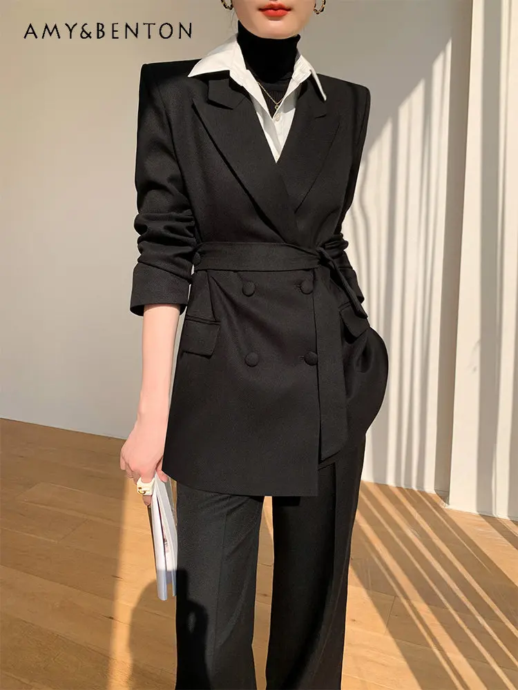 

Black High-Grade Suit Women's 2023 New Autumn and Winter Ladies Fashion Dignified Goddess High-End Coat and Pants
