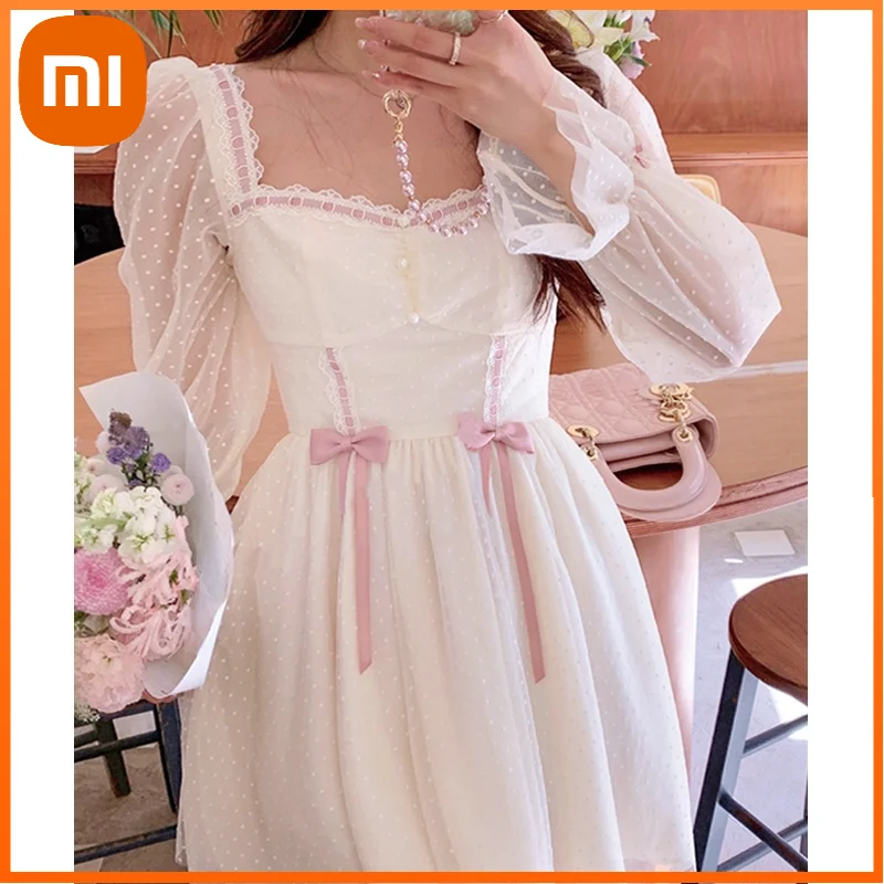 

Xiaomi Autumn Vintage Lolita Dress Casual Bow Long Sleeve Lace Mini Dress Party Elegant One Piece Dress Korean Kawaii Clothing
